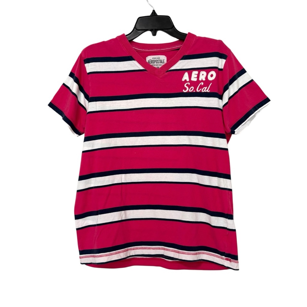 Vintage Y2K Aeropostale Men’s Medium Pink Blue Striped Short Sleeve V Neck Shirt